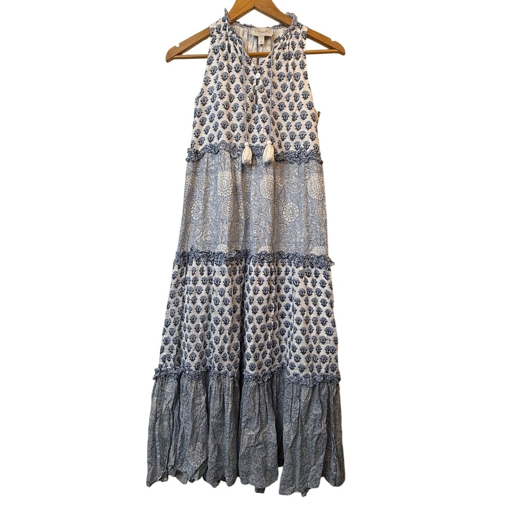 Chelsea & Theodore XS Maxi Dress Blue White Floral Print Tiered